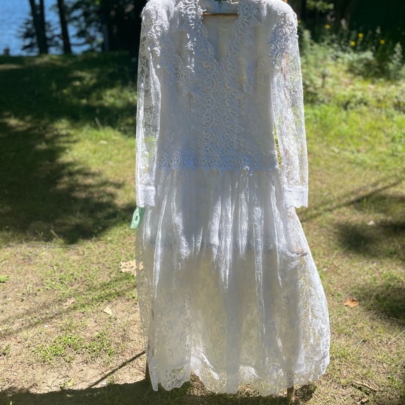 VINTAGE 80s 90s JESSICA MCCLINTOCK BRIDAL PROM LACE DRESS SHOULDER PADS SZ 7/8 - Picture 2 of 13